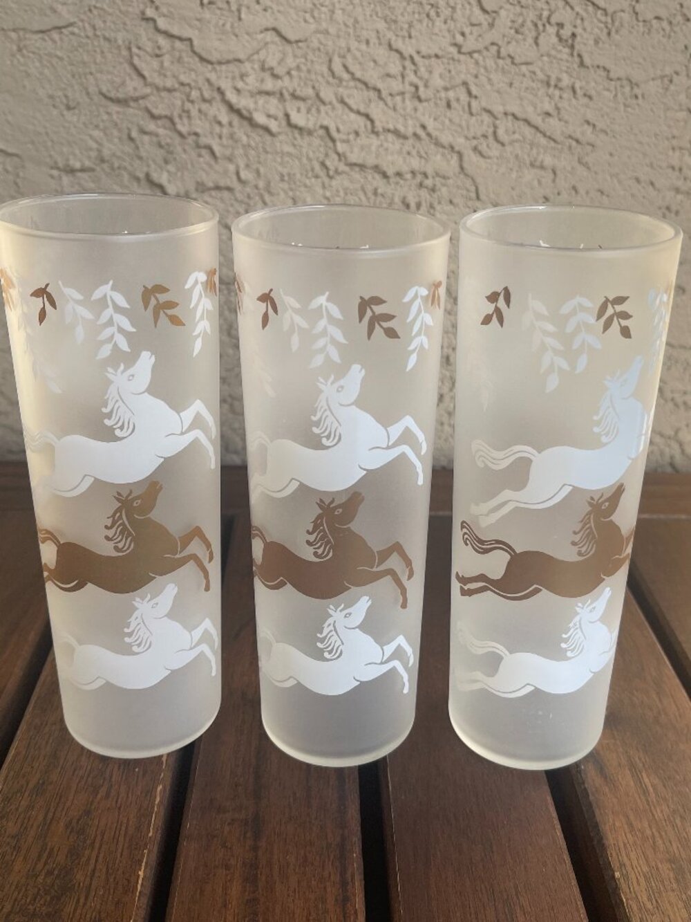 Vintage Mid Century Barware Tom Collins Gold White Leaping Horses by Libbey